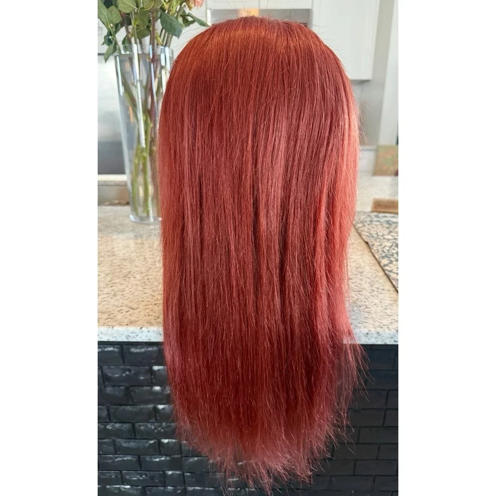 100% Human Hair Lace Front Wig Auburn Brown Red 14 Inch Wavy Straight Free Part